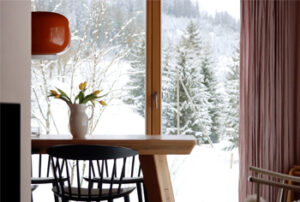 Ferienhaus am früheren Seilerhansenhof, Ausblick vom Wohnraum im Winter in den Garten, Schwarzwald